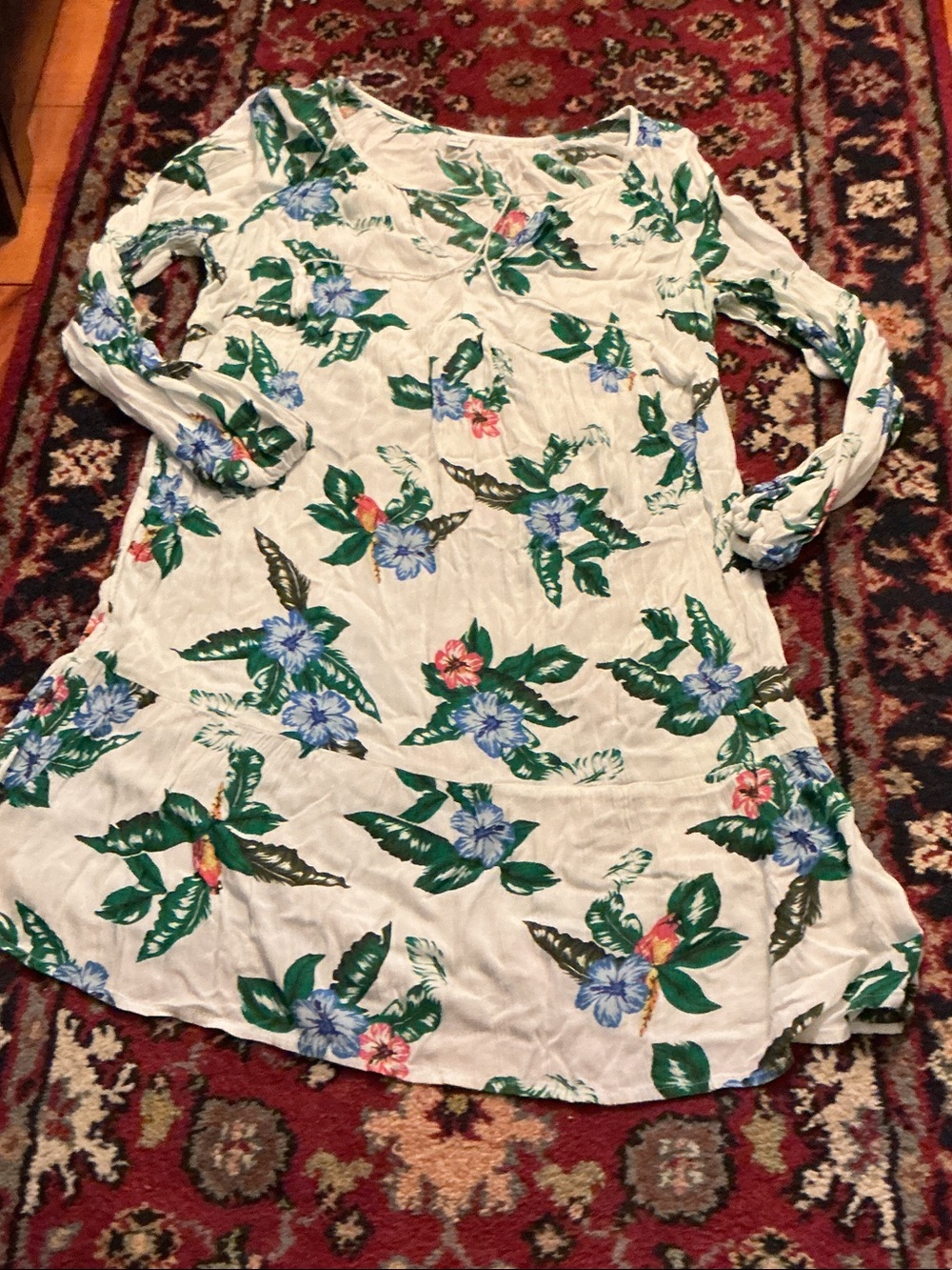 Old Navy Floral Midi Dress in White with Green and Blue Print